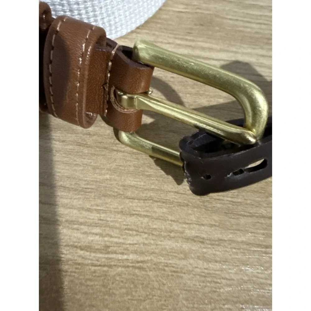 Vintage Coach Leather Canvas Belt 3815‎ Brass White Linen Brown Tan Size 34